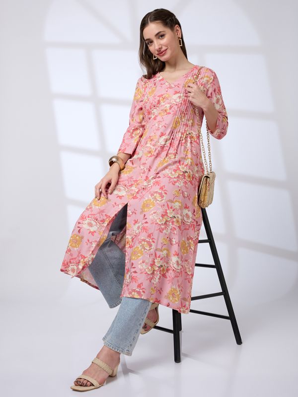 Globus Women Pink V-Neck Floral Print Pleated Front Slit A-Line Workwear Kurta