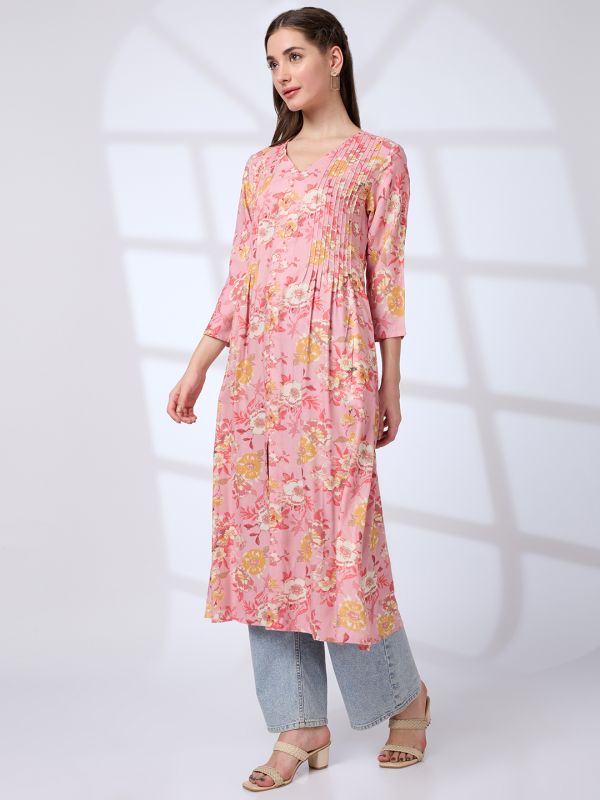 Globus Women Pink V-Neck Floral Print Pleated Front Slit A-Line Workwear Kurta