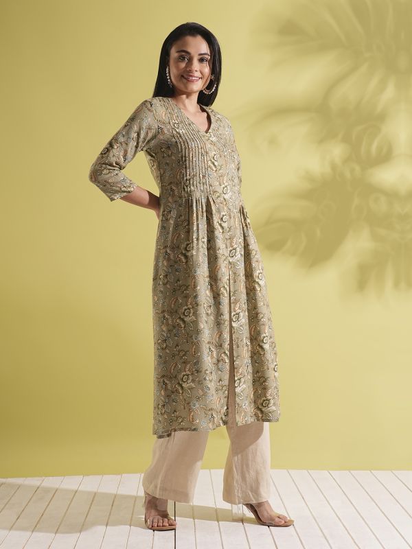 Globus Women Green V-Neck Allover Floral Print Front Slit Pleated A-Line Workwear Kurta
