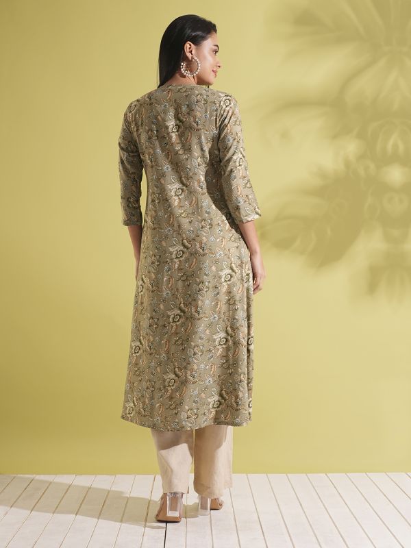 Globus Women Green V-Neck Allover Floral Print Front Slit Pleated A-Line Workwear Kurta