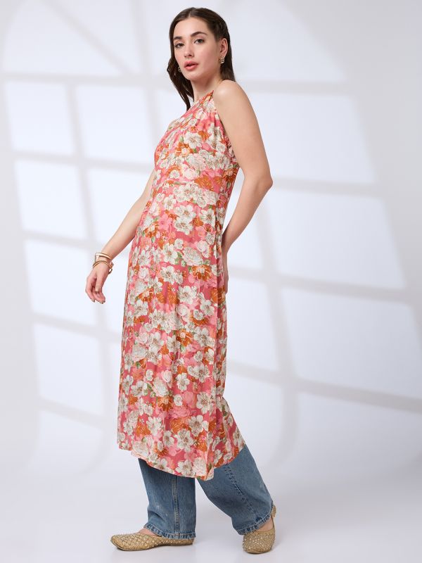 Globus Women Pink Halter Neck Floral Print A-Line Fusion Kurta