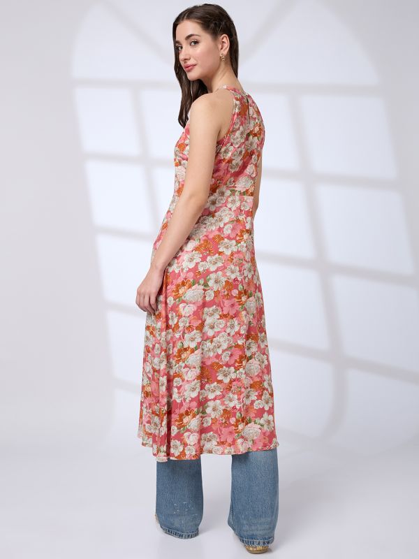 Globus Women Pink Halter Neck Floral Print A-Line Fusion Kurta