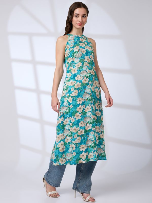 Globus Women Green Halter Neck Floral Print A-Line Fusion Kurta
