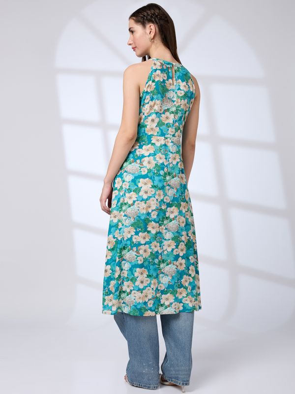 Globus Women Green Halter Neck Floral Print A-Line Fusion Kurta