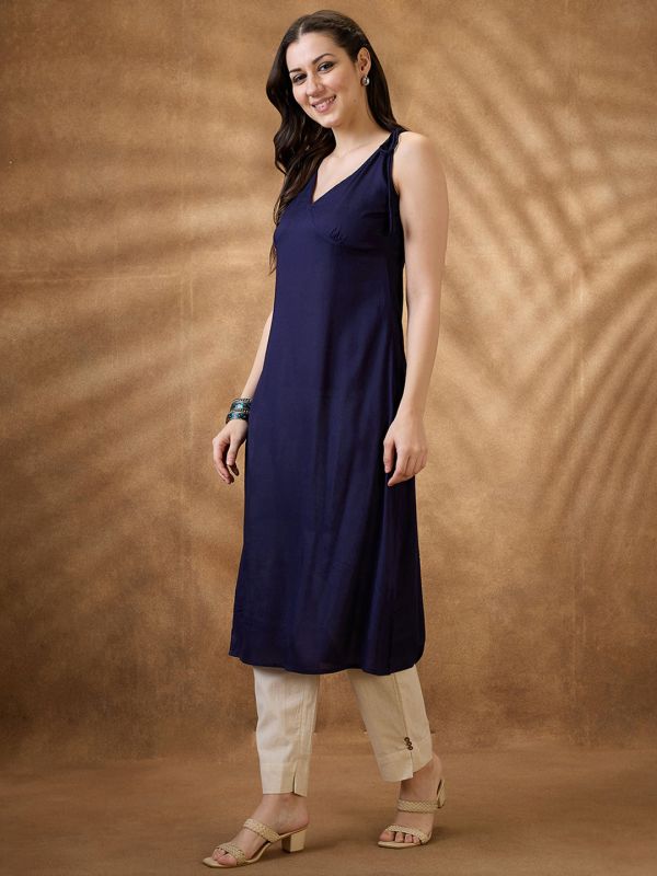 Globus Women Blue Woven Design Tie-Up Neck A-Line Fusion Kurta