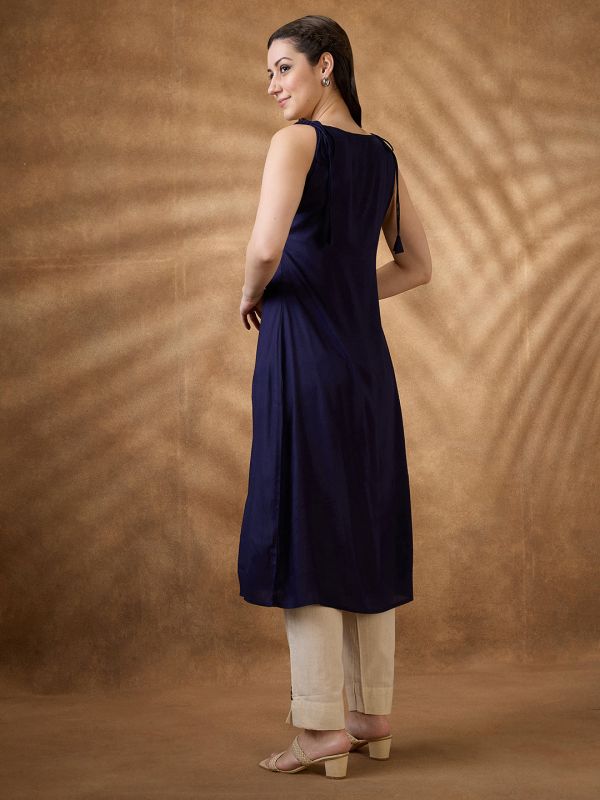 Globus Women Blue Woven Design Tie-Up Neck A-Line Fusion Kurta