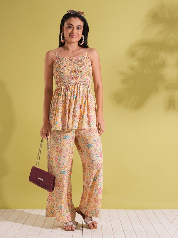 Globus Women Yellow Indie Print Strappy Shoulder Smocked Peplum Top & Palazzos Fusion Co-Ord Set