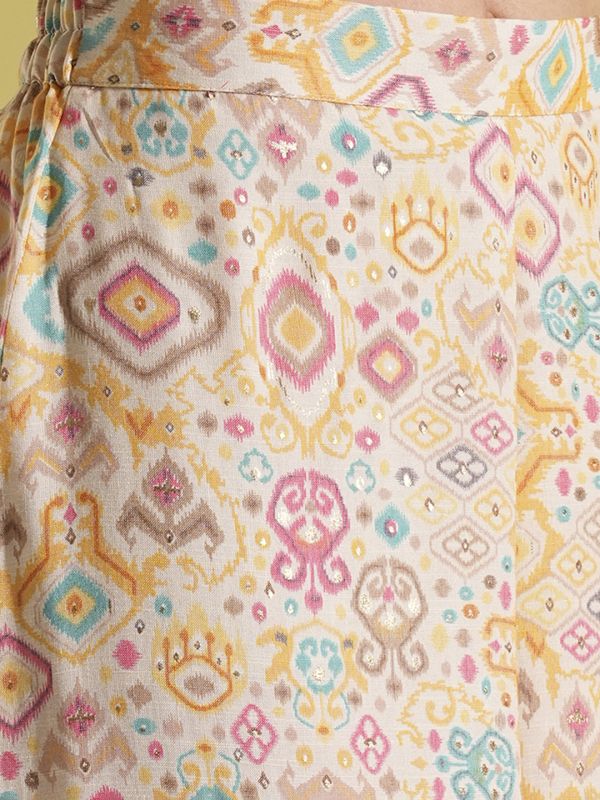Globus Women Yellow Indie Print Strappy Shoulder Smocked Peplum Top & Palazzos Fusion Co-Ord Set