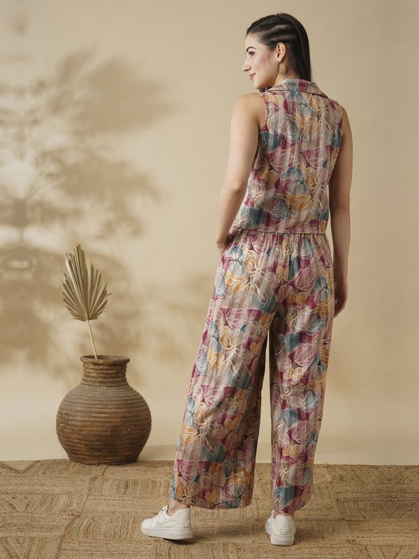 Globus Women Multi Color Floral Printed Notch Lapel Shirt & Palazzos Co-Ord Set