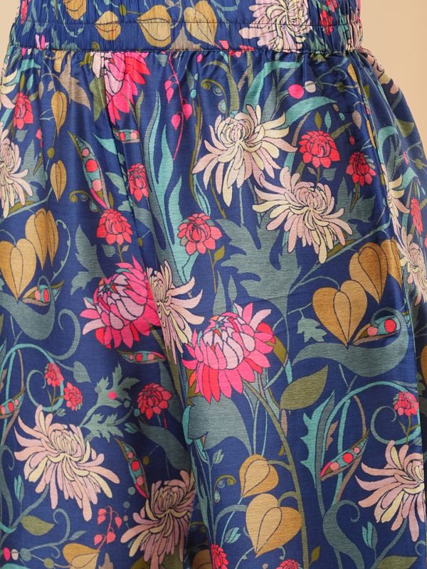 Globus Women Blue V-Neck Floral Print Inverted Pleat Panelled A-Line Kurta With Straight Pants Fusion Set