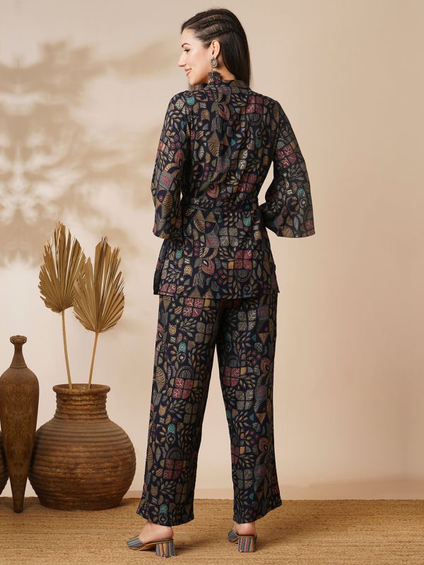 Globus Women Blue Abstract Gold Foil Print Lapel Collar Flared Sleeves Shirt Style Top & Mid-Rise Partially Elasticated Ankle Length Pants Fusion Co-Ord Set