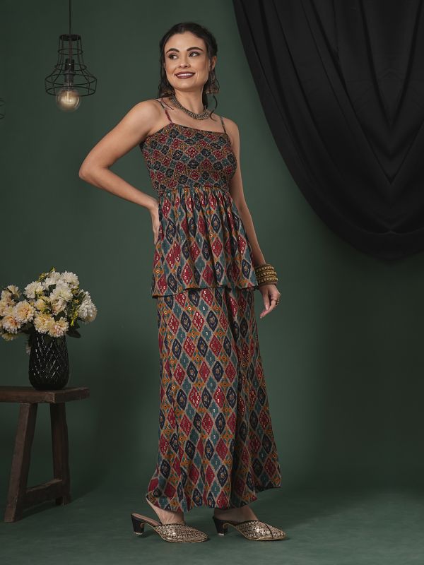 Globus Women Multi-Color Indie Print Strappy Shoulder Smocked Peplum Top & Palazzos Fusion Co-Ord Set