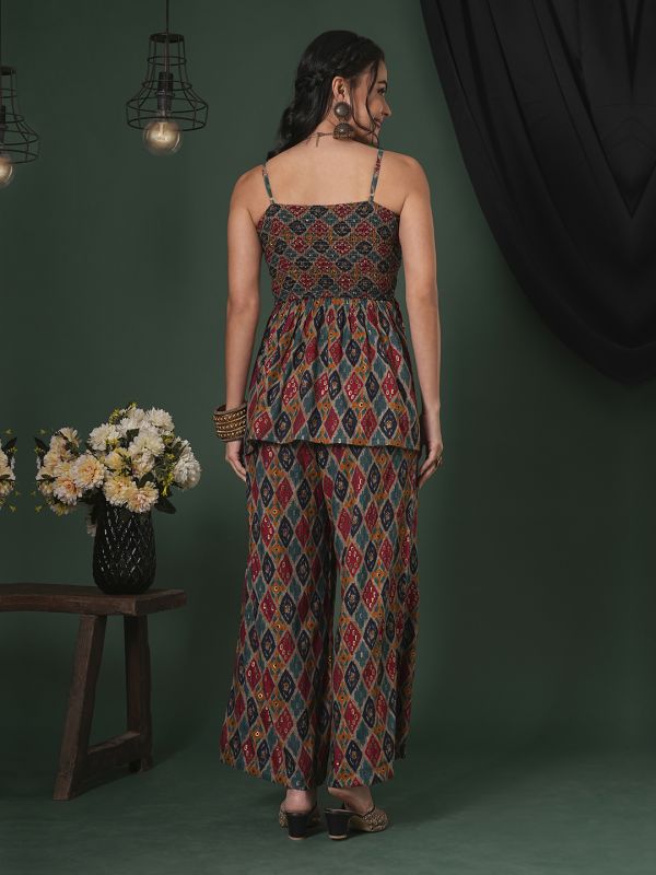 Globus Women Multi-Color Indie Print Strappy Shoulder Smocked Peplum Top & Palazzos Fusion Co-Ord Set