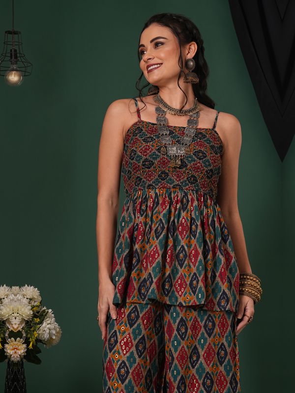 Globus Women Multi-Color Indie Print Strappy Shoulder Smocked Peplum Top & Palazzos Fusion Co-Ord Set
