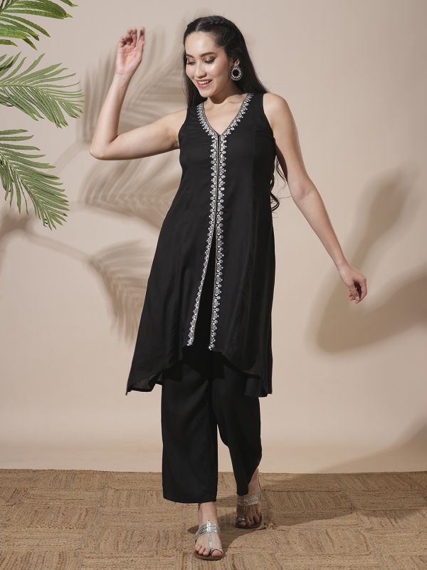 Globus Women Black V-Neck Embroidered & Mirror Work Detail High-Low Hem Front Slits A-Line Kurta With Pant Fusion Wear Set