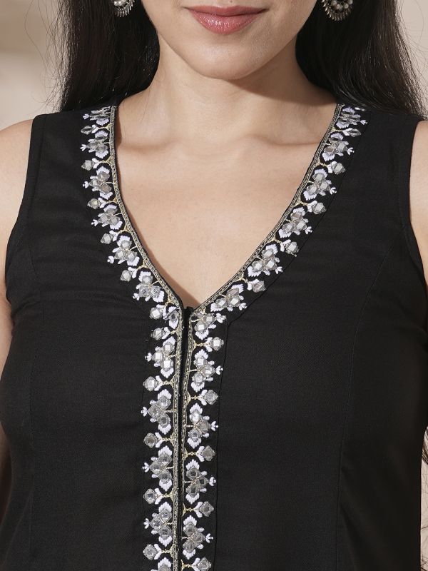 Globus Women Black V-Neck Embroidered & Mirror Work Detail High-Low Hem Front Slits A-Line Kurta With Pant Fusion Wear Set