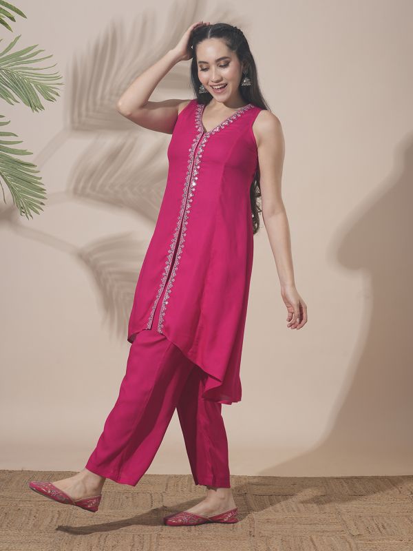 Globus Women Pink V-Neck Embroidered & Mirror Work Detail High-Low Hem Front Slits A-Line Kurta With Pant Fusion Wear Set