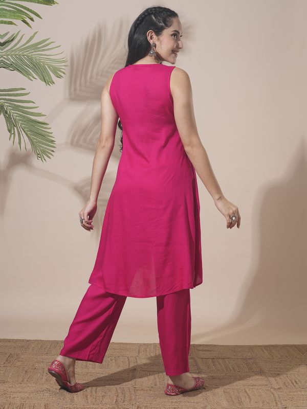 Globus Women Pink V-Neck Embroidered & Mirror Work Detail High-Low Hem Front Slits A-Line Kurta With Pant Fusion Wear Set