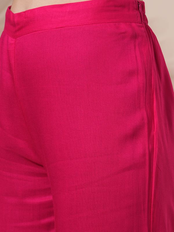 Globus Women Pink V-Neck Embroidered & Mirror Work Detail High-Low Hem Front Slits A-Line Kurta With Pant Fusion Wear Set
