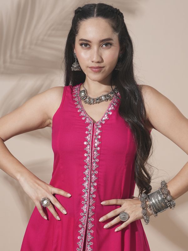 Globus Women Pink V-Neck Embroidered & Mirror Work Detail High-Low Hem Front Slits A-Line Kurta With Pant Fusion Wear Set
