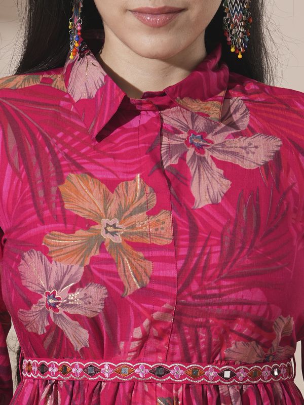Globus Women Pink Shirt Collar Tropical Print Peplum Style Tunic With Palazzos & Embroidered Belt Fusion Co-Ord Set