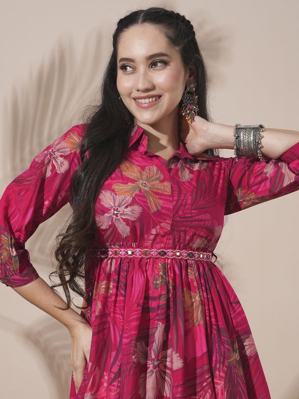 Globus Women Pink Shirt Collar Tropical Print Peplum Style Tunic With Palazzos & Embroidered Belt Fusion Co-Ord Set
