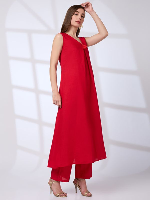 Globus Women Red V-Neck Tassel Detail A-Line Kurta & Straight Pants Fusion Set