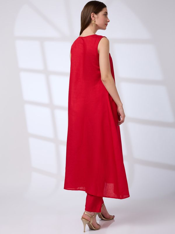 Globus Women Red V-Neck Tassel Detail A-Line Kurta & Straight Pants Fusion Set