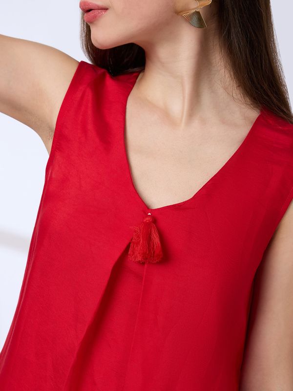 Globus Women Red V-Neck Tassel Detail A-Line Kurta & Straight Pants Fusion Set