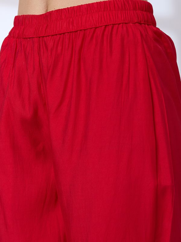 Globus Women Red V-Neck Tassel Detail A-Line Kurta & Straight Pants Fusion Set