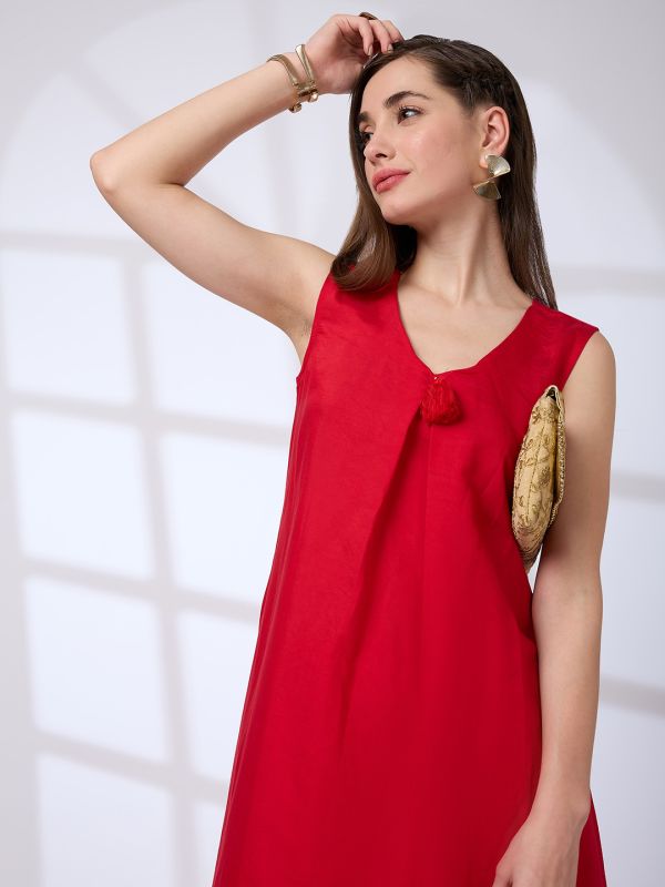 Globus Women Red V-Neck Tassel Detail A-Line Kurta & Straight Pants Fusion Set