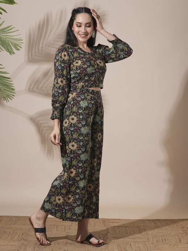 Globus Women Black Frilled V-Neck Floral Print Shirt Style Crop Top With Partially Elasticated Palazzos Fusion Co-Ord Set