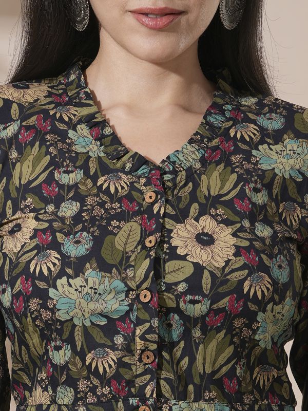 Globus Women Black Frilled V-Neck Floral Print Shirt Style Crop Top With Partially Elasticated Palazzos Fusion Co-Ord Set