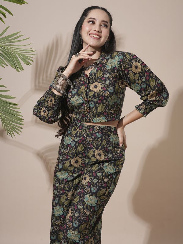 Globus Women Black Frilled V-Neck Floral Print Shirt Style Crop Top With Partially Elasticated Palazzos Fusion Co-Ord Set