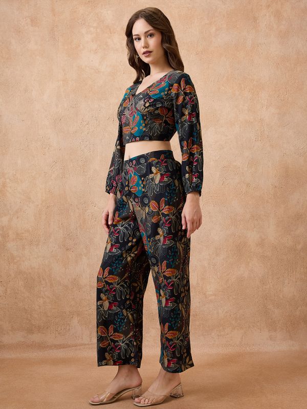 Globus Women Black V-Neck Floral Print Crop Top with Wide Leg Pants Fusion Co-Ord Set