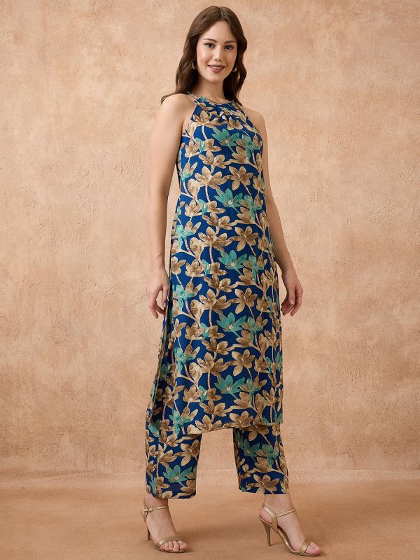 Globus Women Blue Allover Floral Printed Halter Neck Straight Kurta With Pant Fusion Set