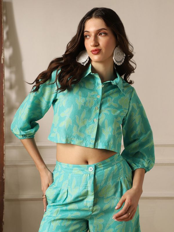 Globus Women Blue Floral Print Bishop Sleeves Crop Shirt & Wide Leg Trousers Fusion Co-Ord Set