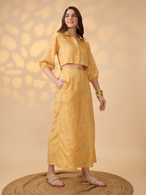 Globus Women Yellow Collared Neck Bishop Sleeves Floral Print Crop Shirt With Palazzos Fusion Co-Ord Set
