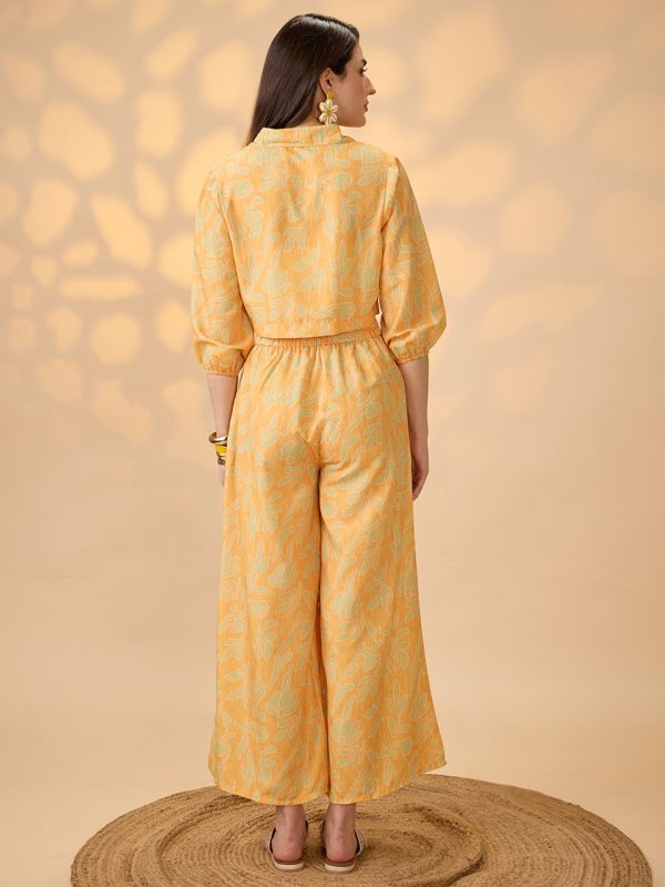 Globus Women Yellow Collared Neck Bishop Sleeves Floral Print Crop Shirt With Palazzos Fusion Co-Ord Set