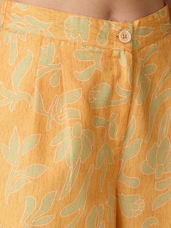 Globus Women Yellow Collared Neck Bishop Sleeves Floral Print Crop Shirt With Palazzos Fusion Co-Ord Set