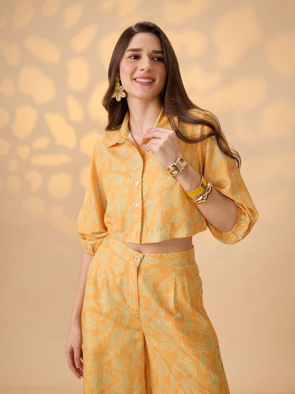 Globus Women Yellow Collared Neck Bishop Sleeves Floral Print Crop Shirt With Palazzos Fusion Co-Ord Set