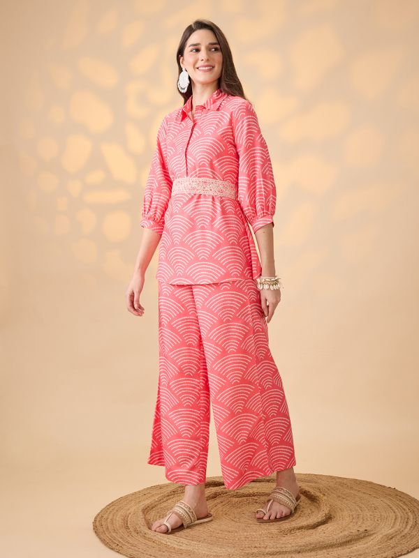Globus Women Coral Shirt Collar Puff Sleeves Abstract Print Tunic With Palazzos & Embroidered Belt Fusion Co-Ord Set