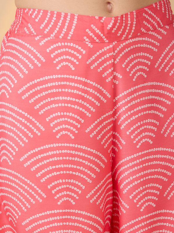 Globus Women Coral Shirt Collar Puff Sleeves Abstract Print Tunic With Palazzos & Embroidered Belt Fusion Co-Ord Set