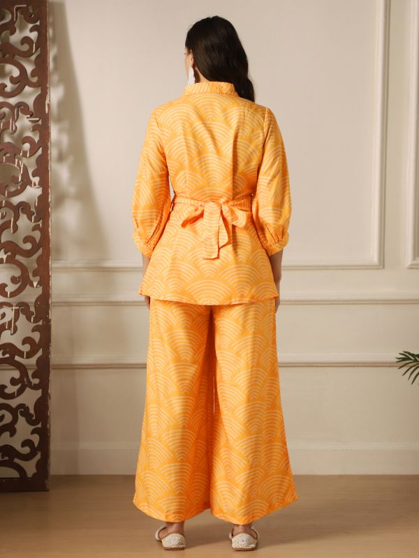 Globus Women Yellow Shirt Collar Puff Sleeves Abstract Print Tunic With Palazzos & Embroidered Belt Fusion Co-Ord Set