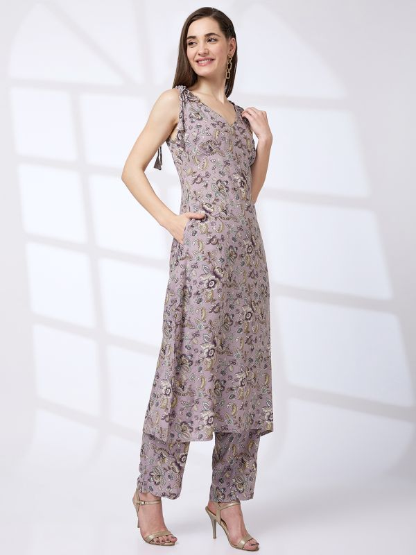 Globus Women Lilac V-Neck Tie-Up Strappy Shoulder Floral Print A-Line Kurta With Pants Workwear Set