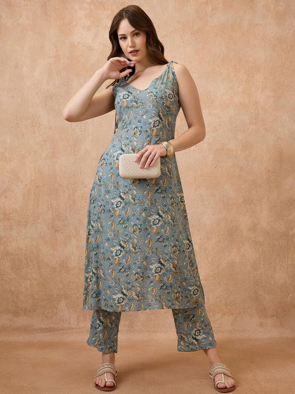 Globus Women Green Floral Print V-Neck Tie-Up Sleeves A-Line Kurta & Straight Pant Fusion Set
