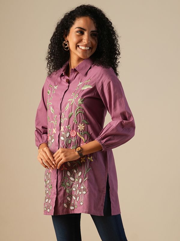 Globus Women Purple Shirt Collar Bishop Sleeves Floral Embroidered A-Line Fusion Tunic