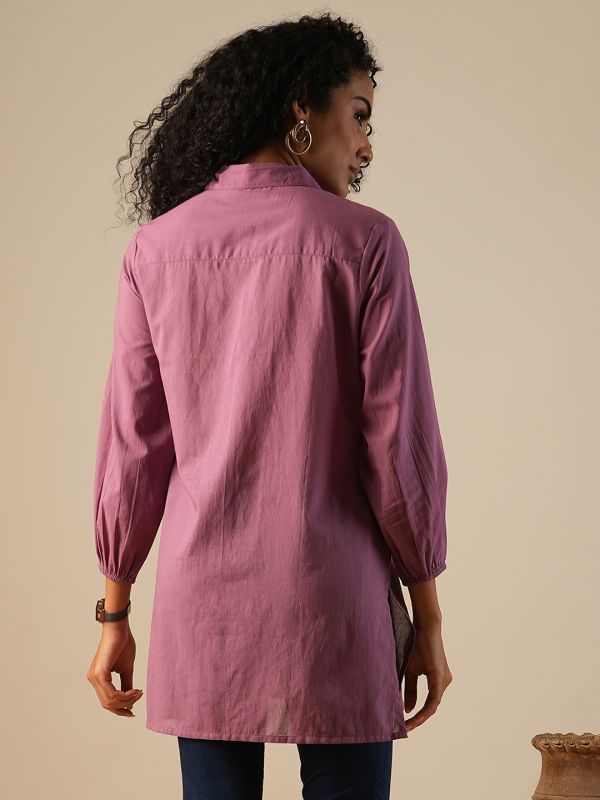 Globus Women Purple Shirt Collar Bishop Sleeves Floral Embroidered A-Line Fusion Tunic
