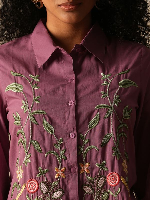 Globus Women Purple Shirt Collar Bishop Sleeves Floral Embroidered A-Line Fusion Tunic