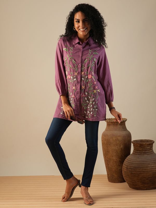 Globus Women Purple Shirt Collar Bishop Sleeves Floral Embroidered A-Line Fusion Tunic